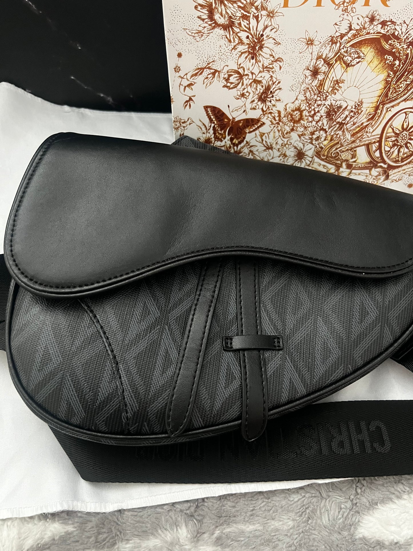 Dora DIOR Blk Leather Inspired Saddle Bag