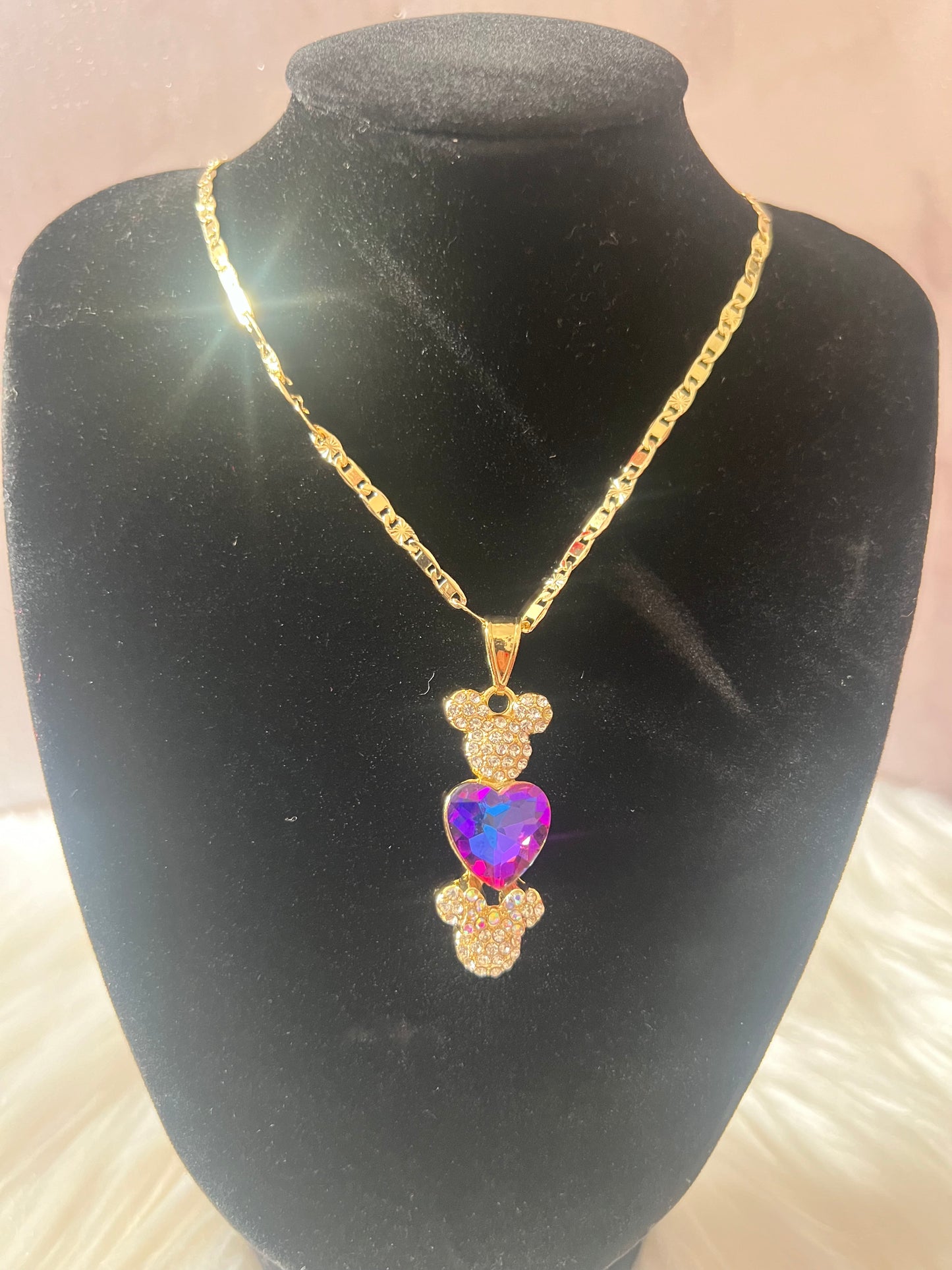 Gold Minnie n Mickey Heart Necklace