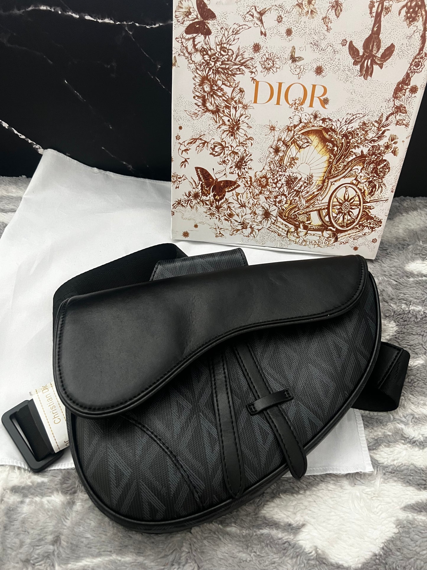 Dora DIOR Blk Leather Inspired Saddle Bag