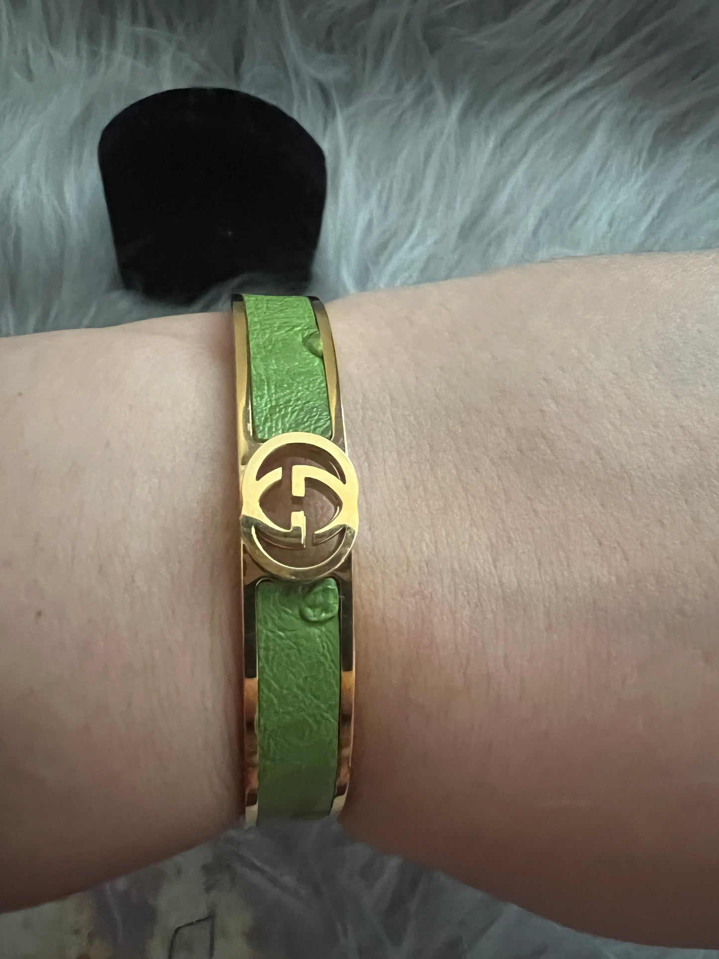 Gold-Tone Stainless Steel Bangle with Green Faux Leather and GG