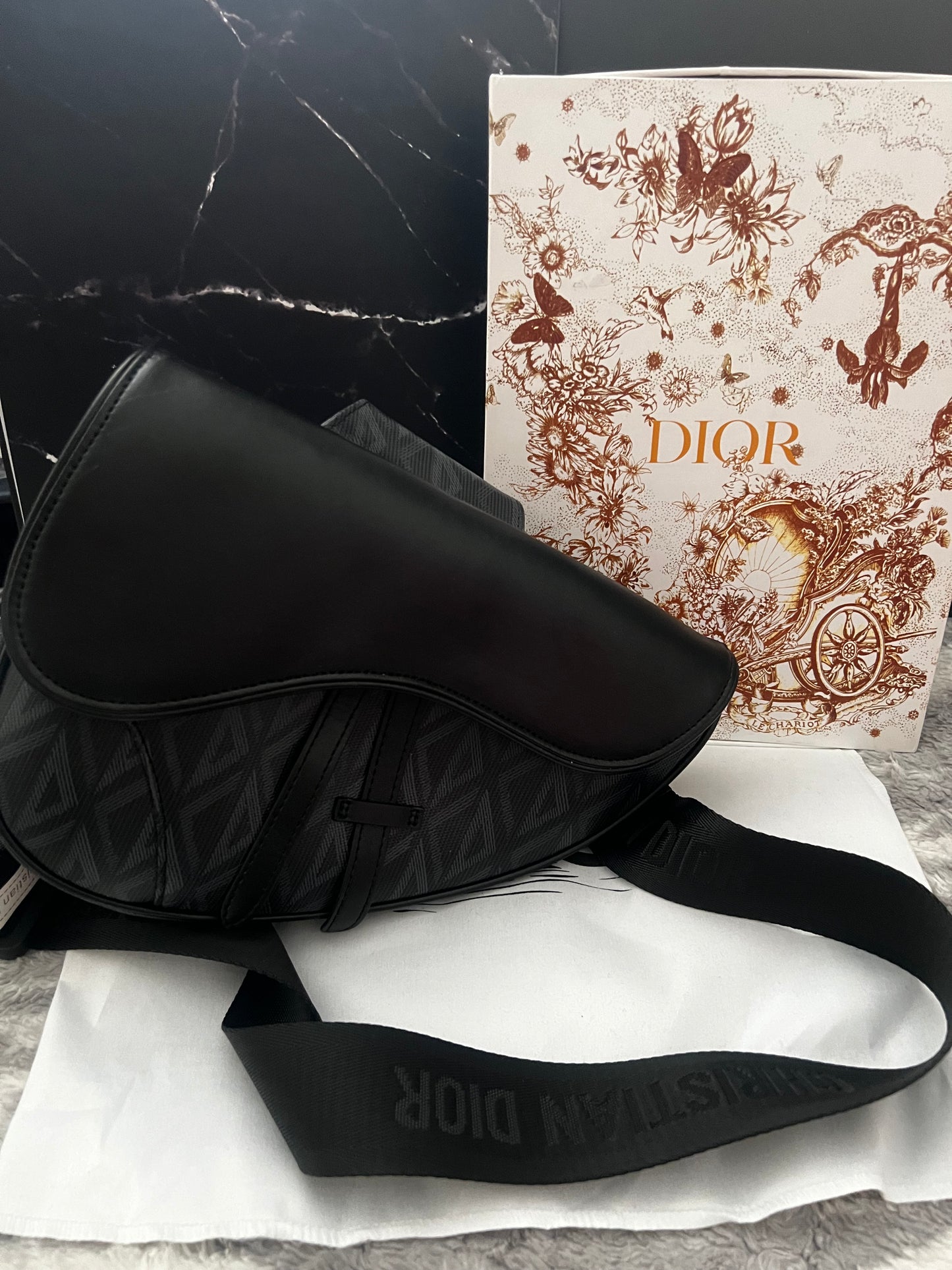 Dora DIOR Blk Leather Inspired Saddle Bag