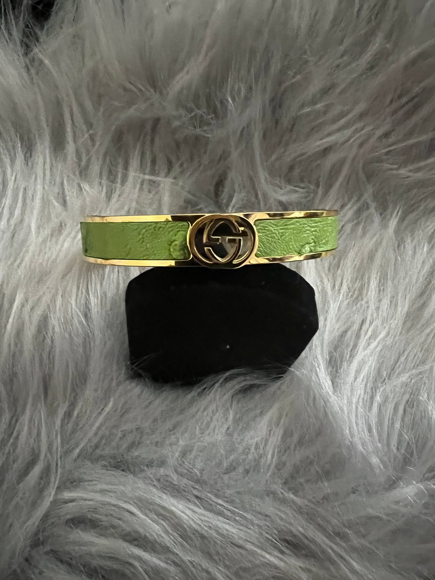 Gold-Tone Stainless Steel Bangle with Green Faux Leather and GG