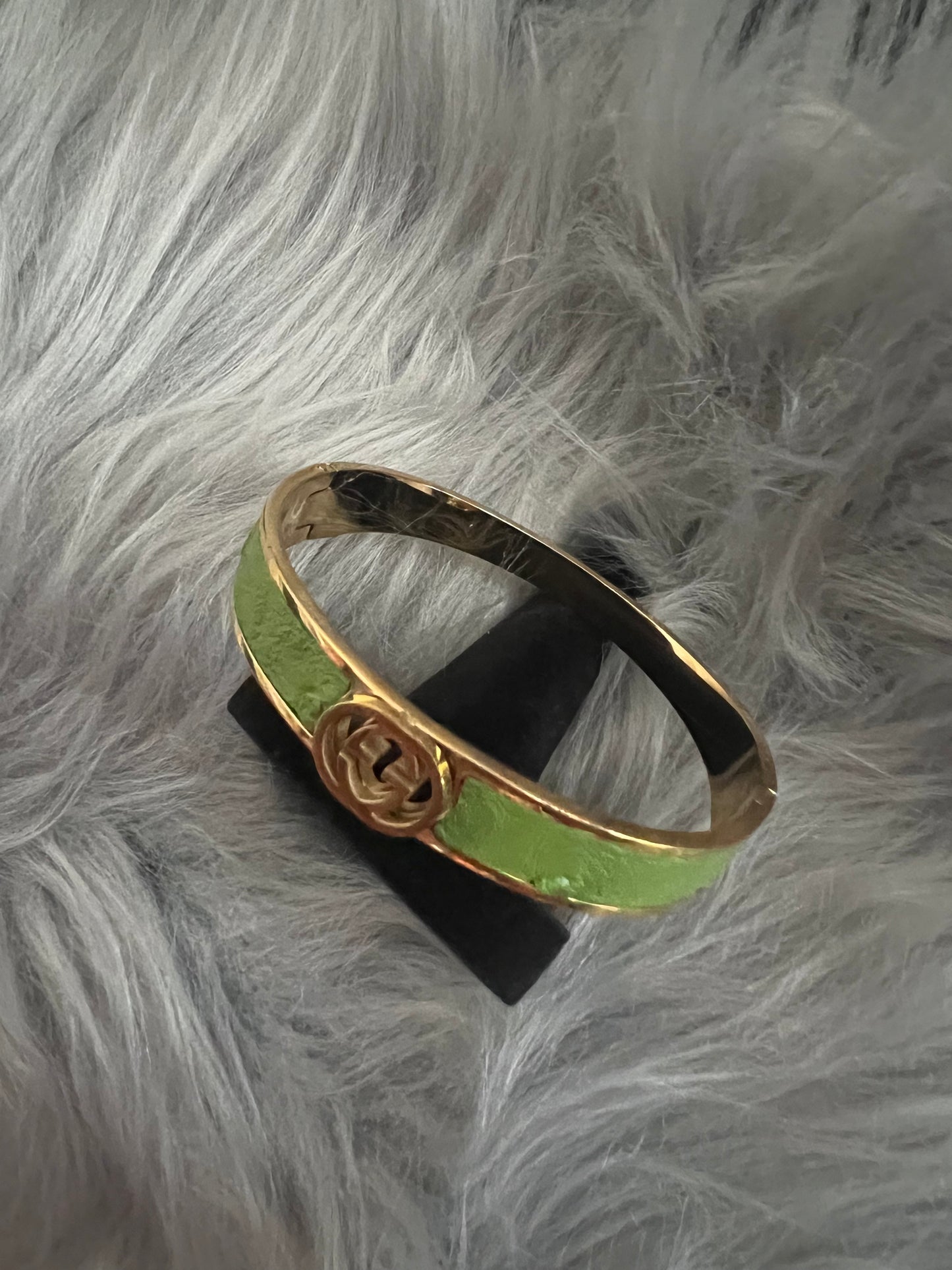 Gold-Tone Stainless Steel Bangle with Green Faux Leather and GG