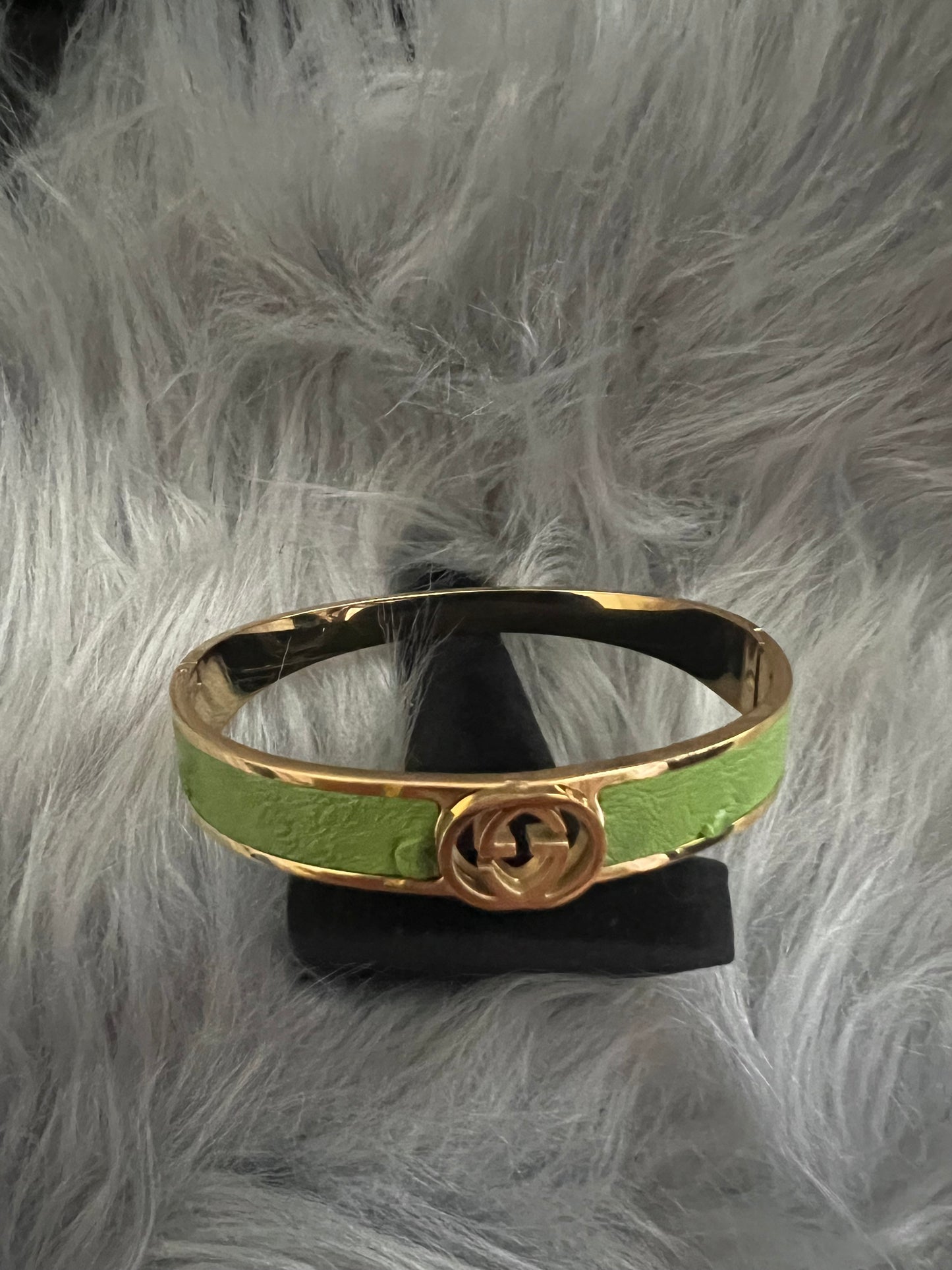 Gold-Tone Stainless Steel Bangle with Green Faux Leather and GG