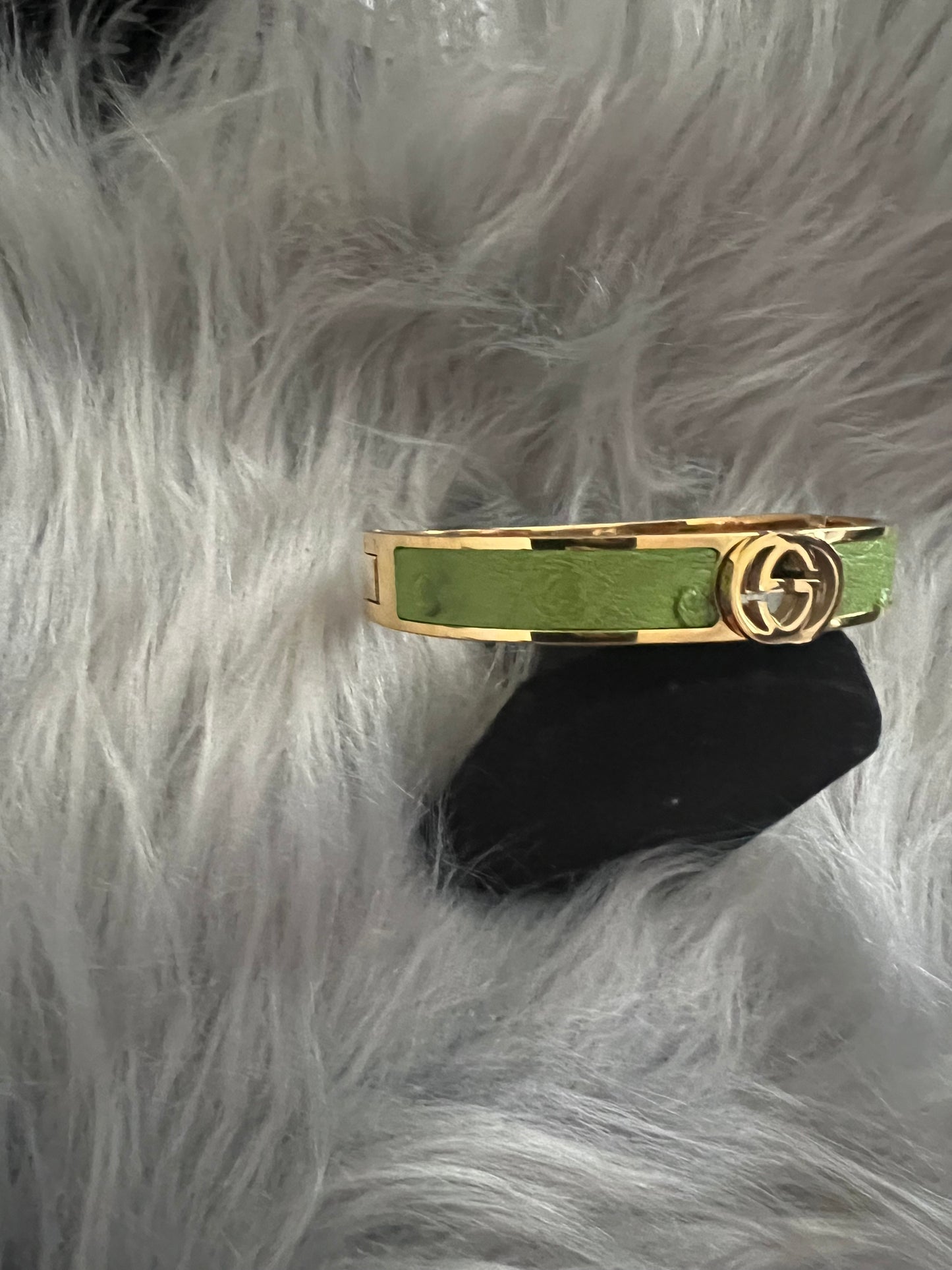 Gold-Tone Stainless Steel Bangle with Green Faux Leather and GG