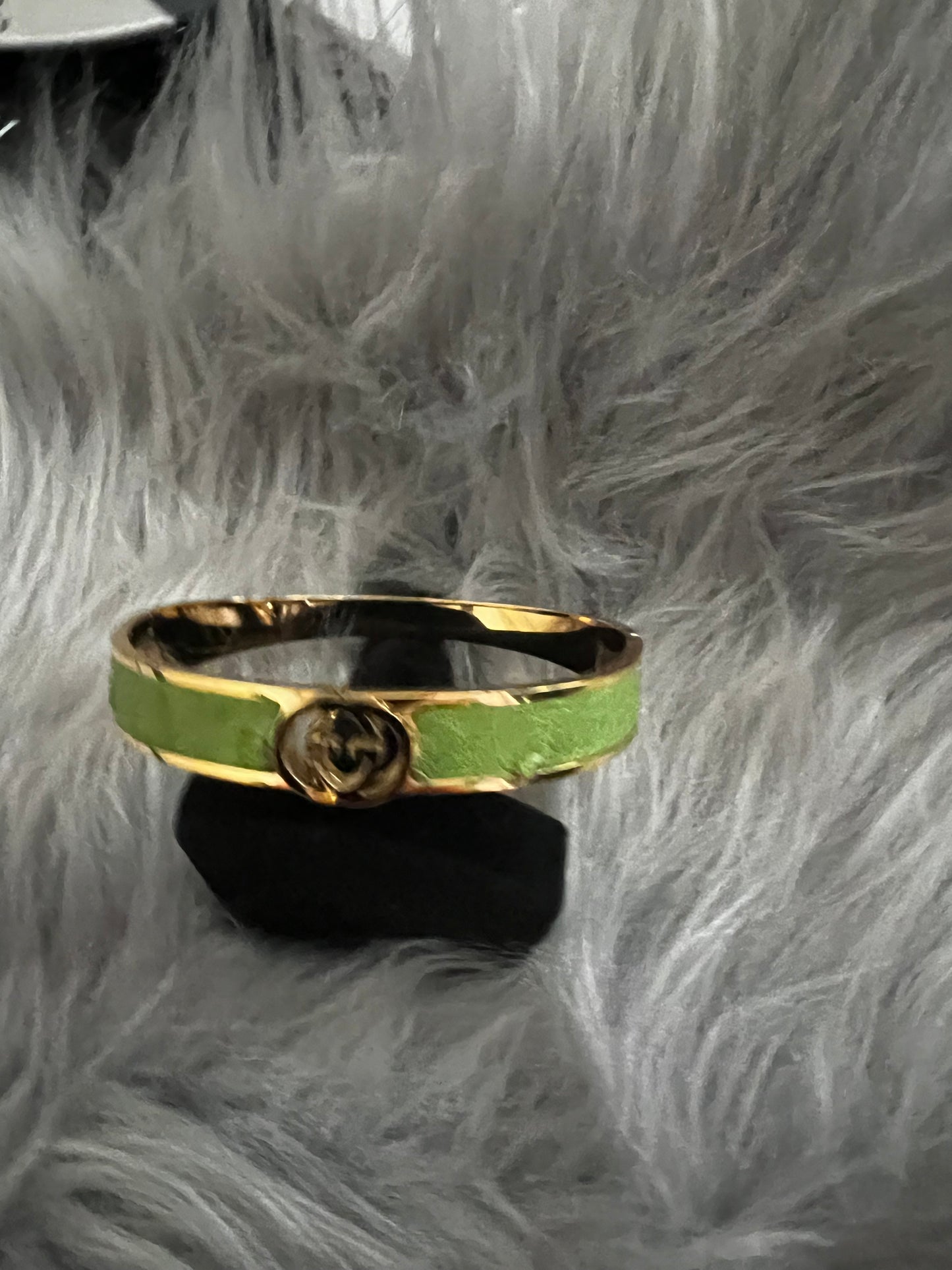 Gold-Tone Stainless Steel Bangle with Green Faux Leather and GG