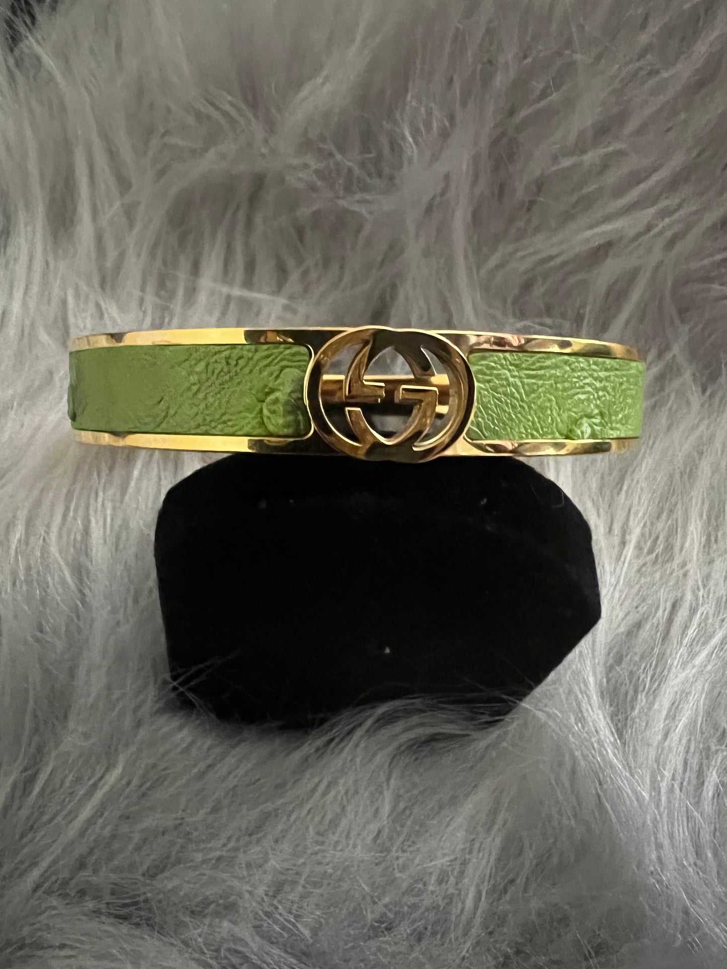 Gold-Tone Stainless Steel Bangle with Green Faux Leather and GG