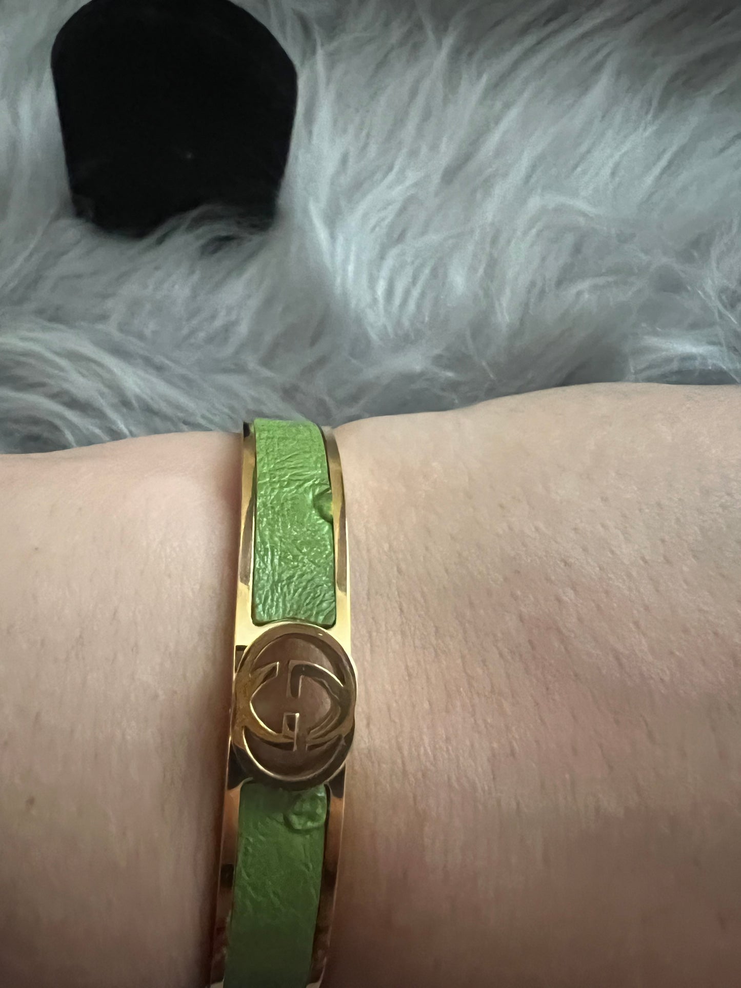 Gold-Tone Stainless Steel Bangle with Green Faux Leather and GG