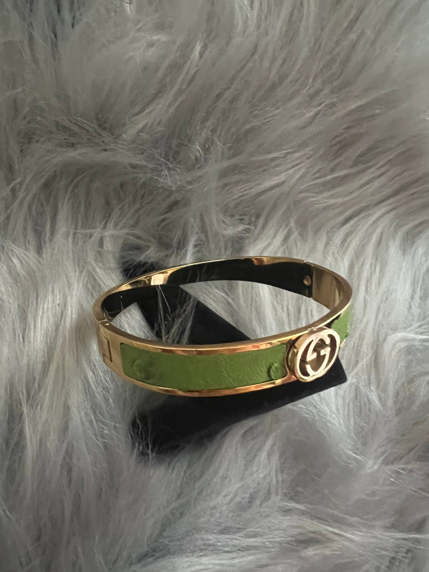 Gold-Tone Stainless Steel Bangle with Green Faux Leather and GG