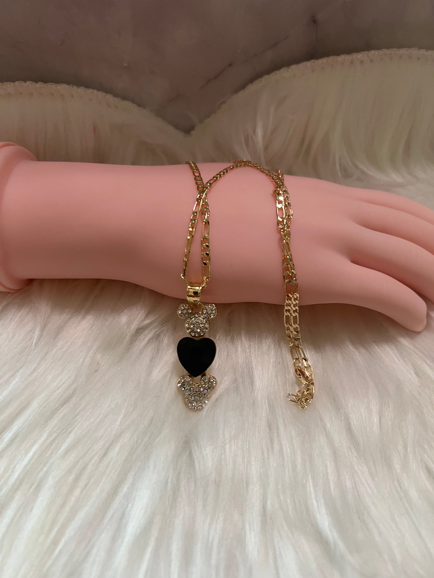 Gold Minnie n Mickey Heart Necklace