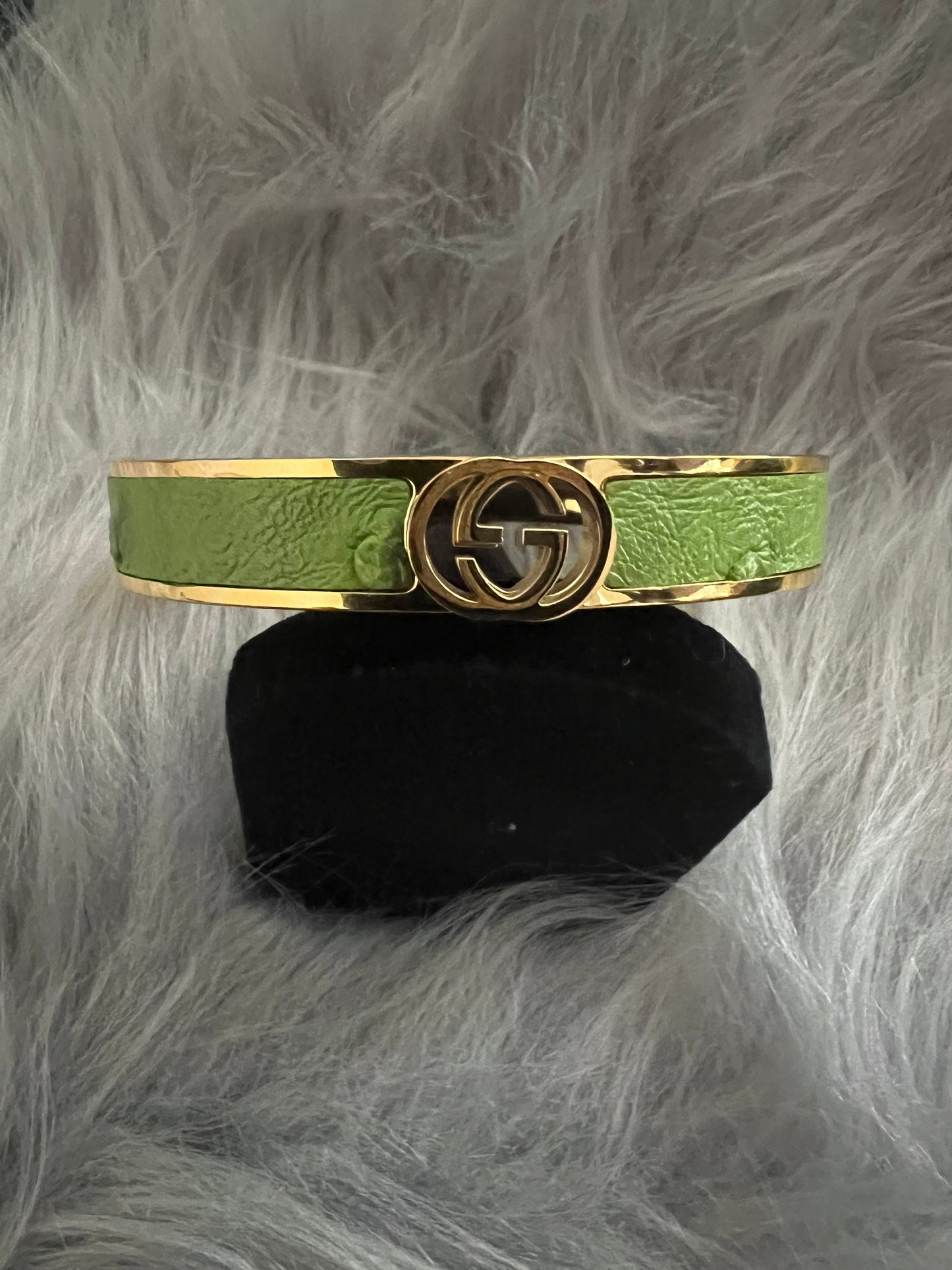 Gold-Tone Stainless Steel Bangle with Green Faux Leather and GG