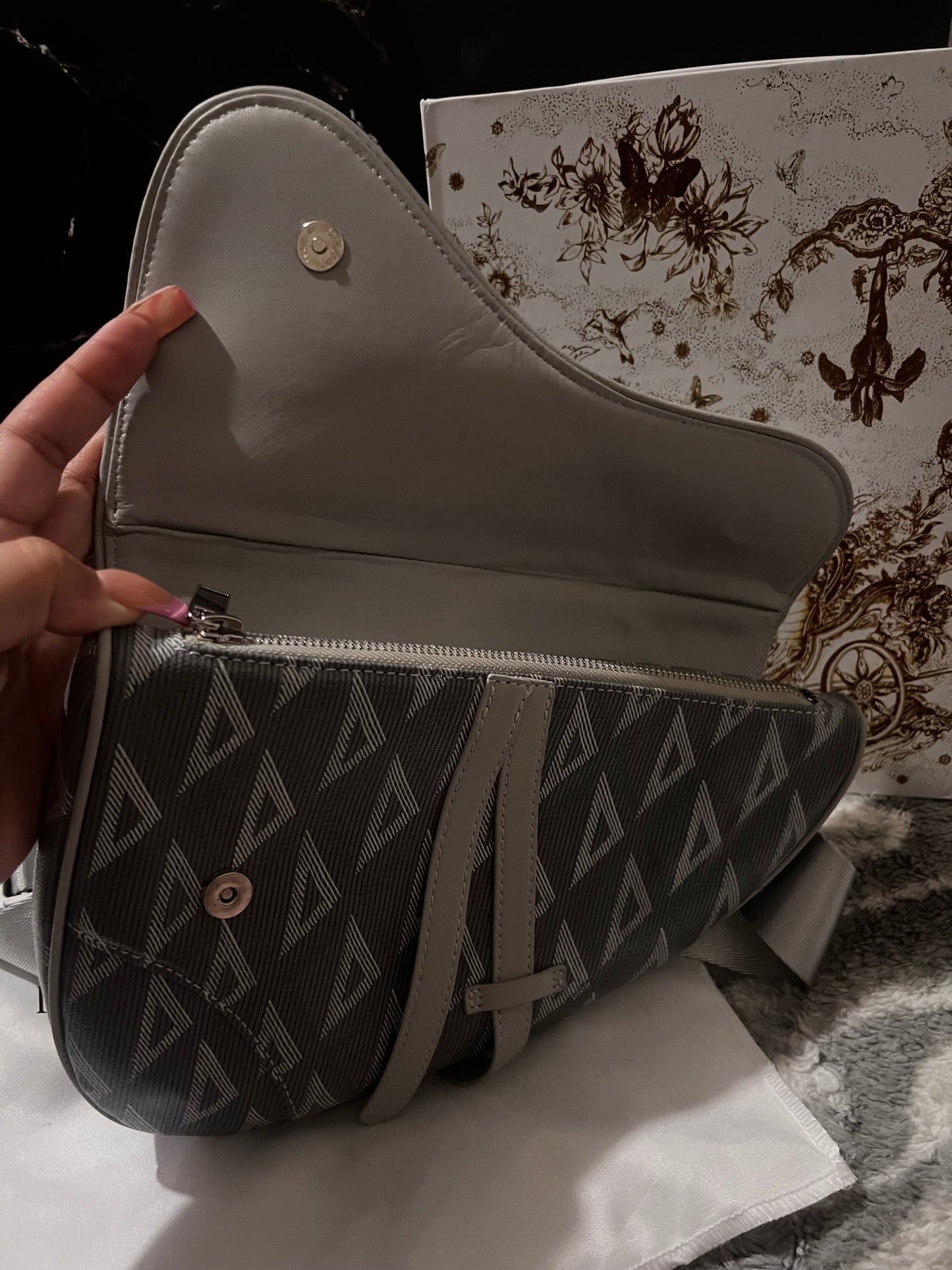 Dora Dior Gray Leather inspired Saddle bag