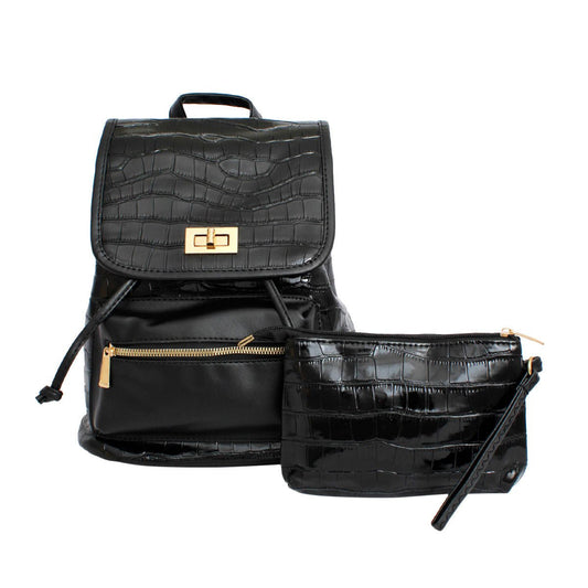 Backpack Black Croc Flap Bag Set for Women - MOO Jewelry n Accessories Boutique