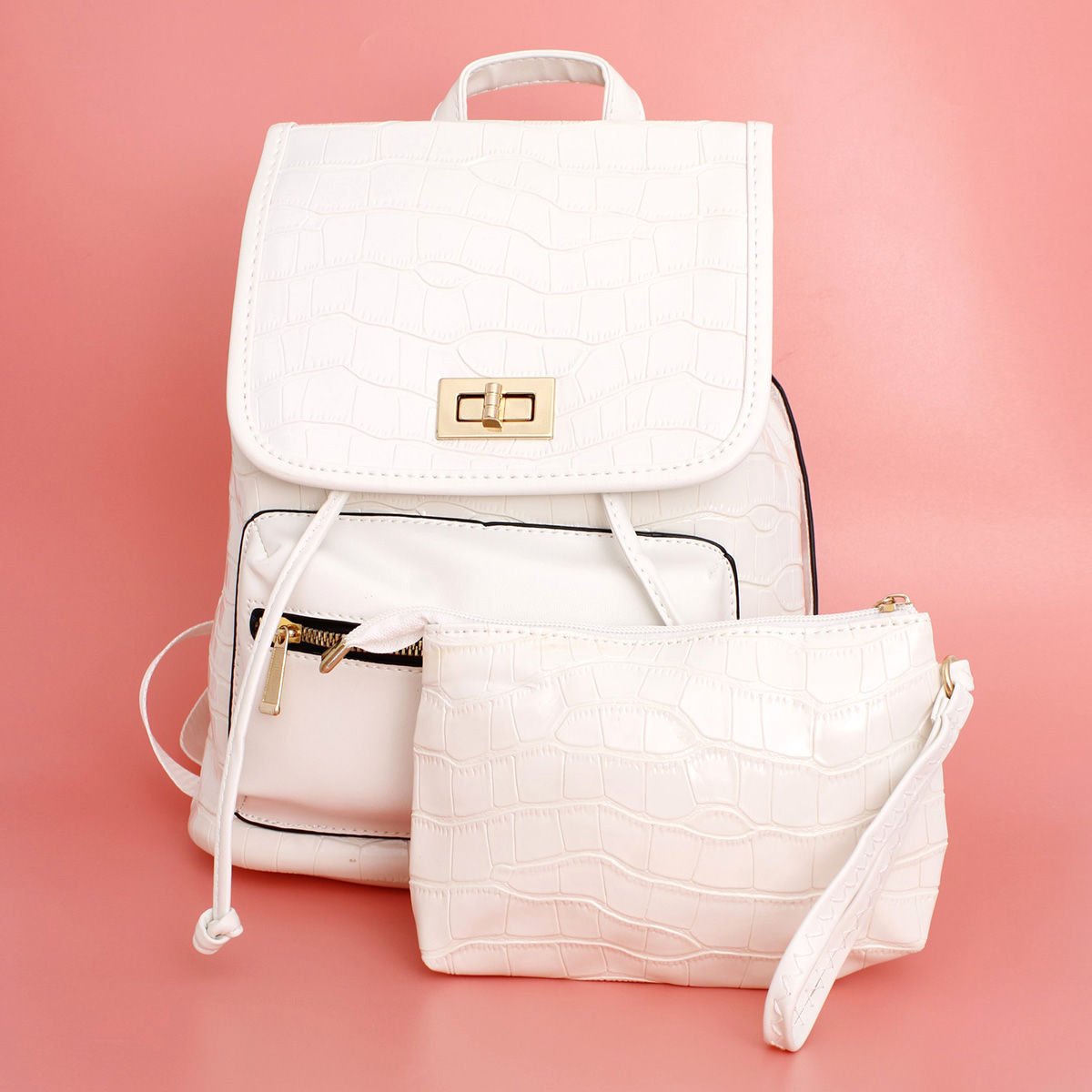 Backpack White Croc Flap Bag Set for Women - MOO Jewelry n Accessories Boutique