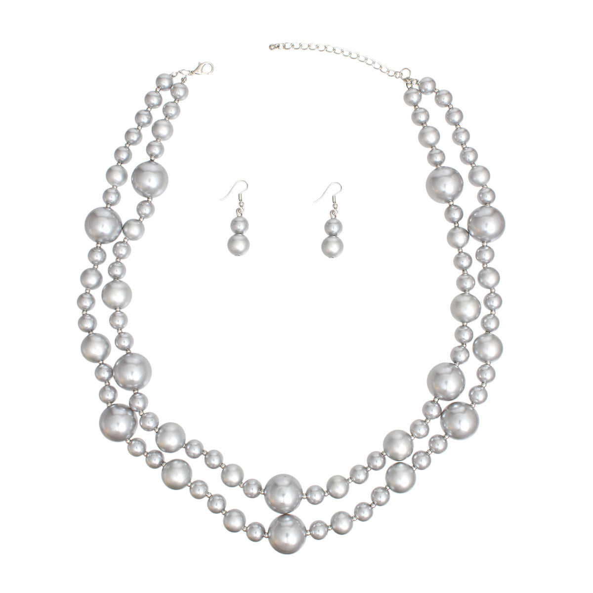 Necklace Silver Metallic Pearl Bead 2 Strand Set