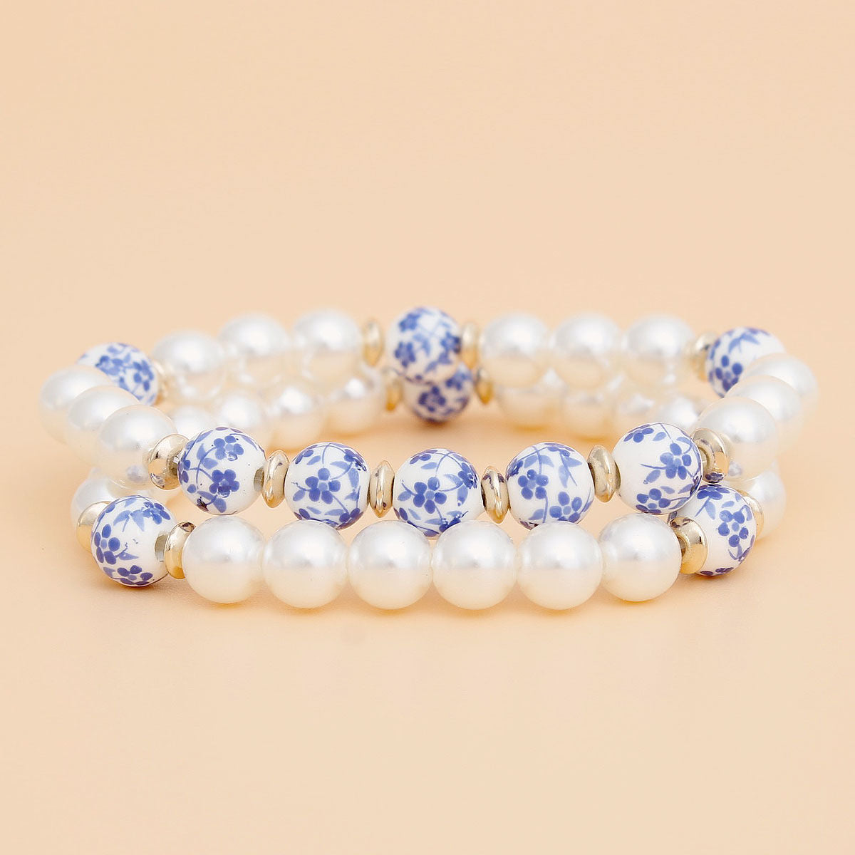 Bracelet Cream Pearl Blue Hand Painted Bead Set