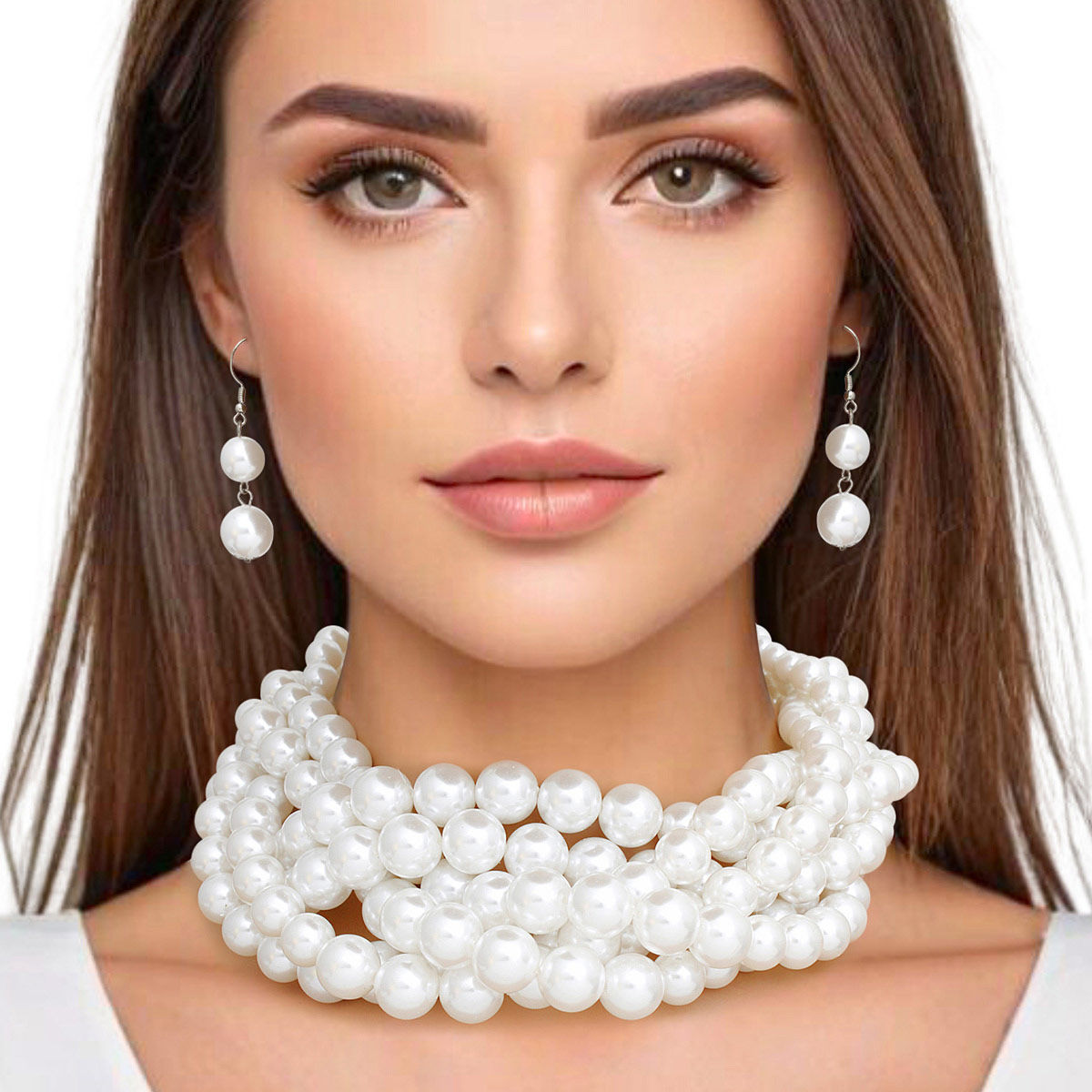 Choker White Pearl Twisted 6 Strand Necklace Set