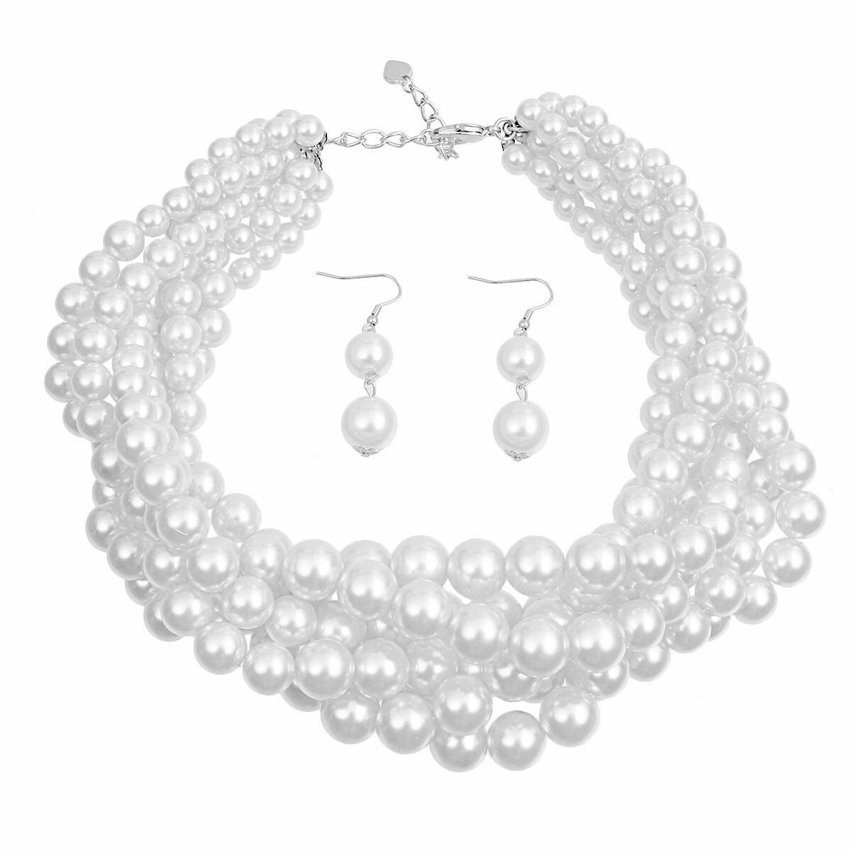 Choker White Pearl Twisted 6 Strand Necklace Set