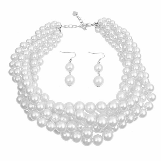 Choker White Pearl Twisted 6 Strand Necklace Set